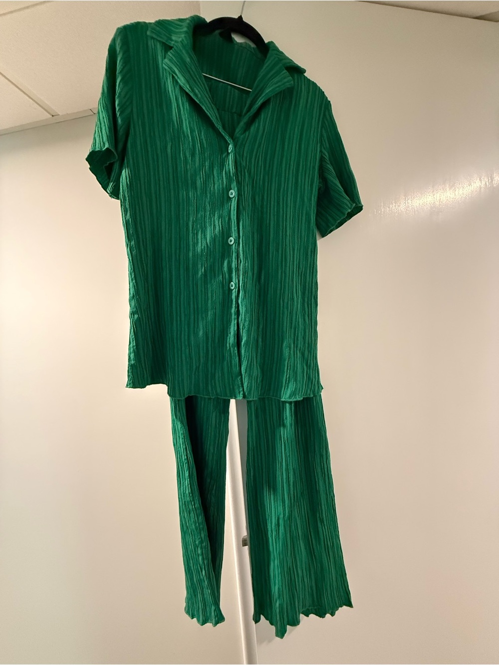 SHEIN 2 piece Green Crinkle Button-Down Top & Pants Set